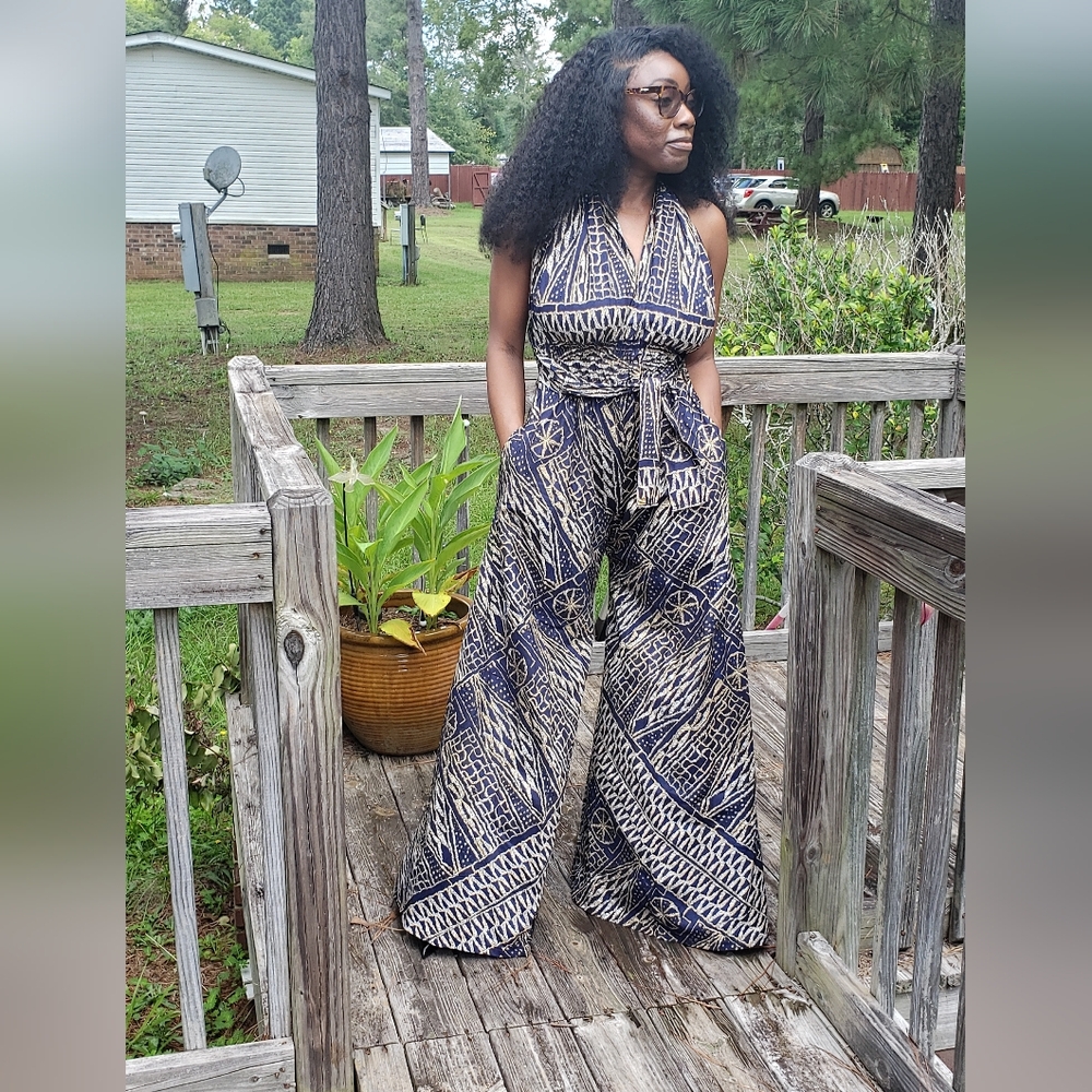Chic Navy and Cream Ankara  Print Haulter Back  Jumpsuit